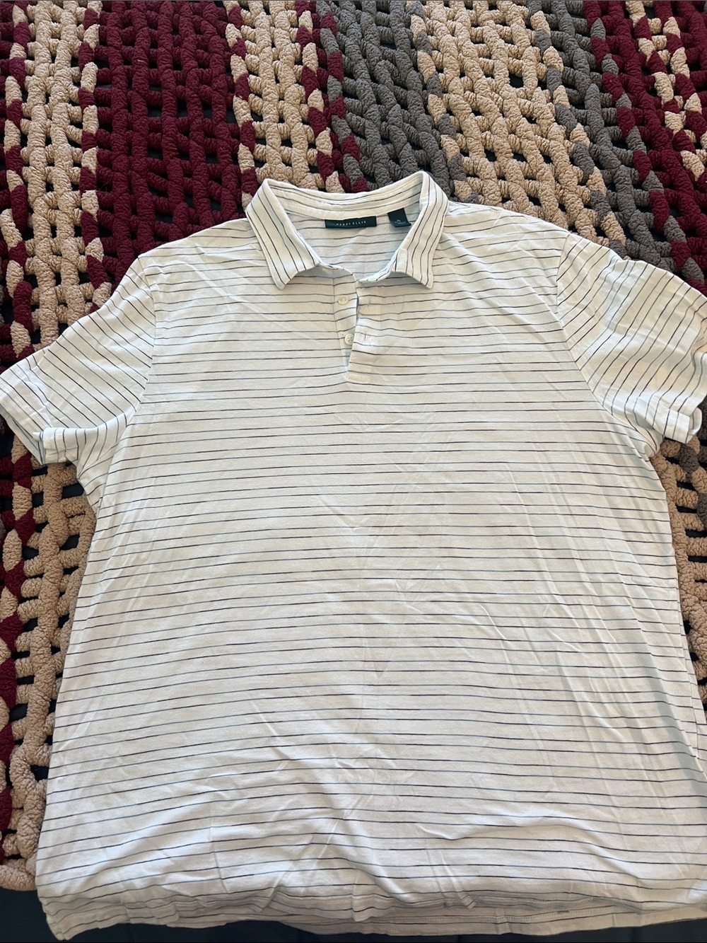 Perry Ellis White Polo with Thin Navy Stripes